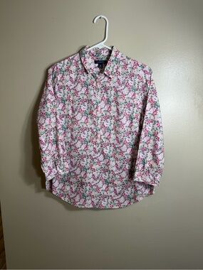 Lands’ End Floral Button Front Cotton Shirt Pink Green 10P Petite